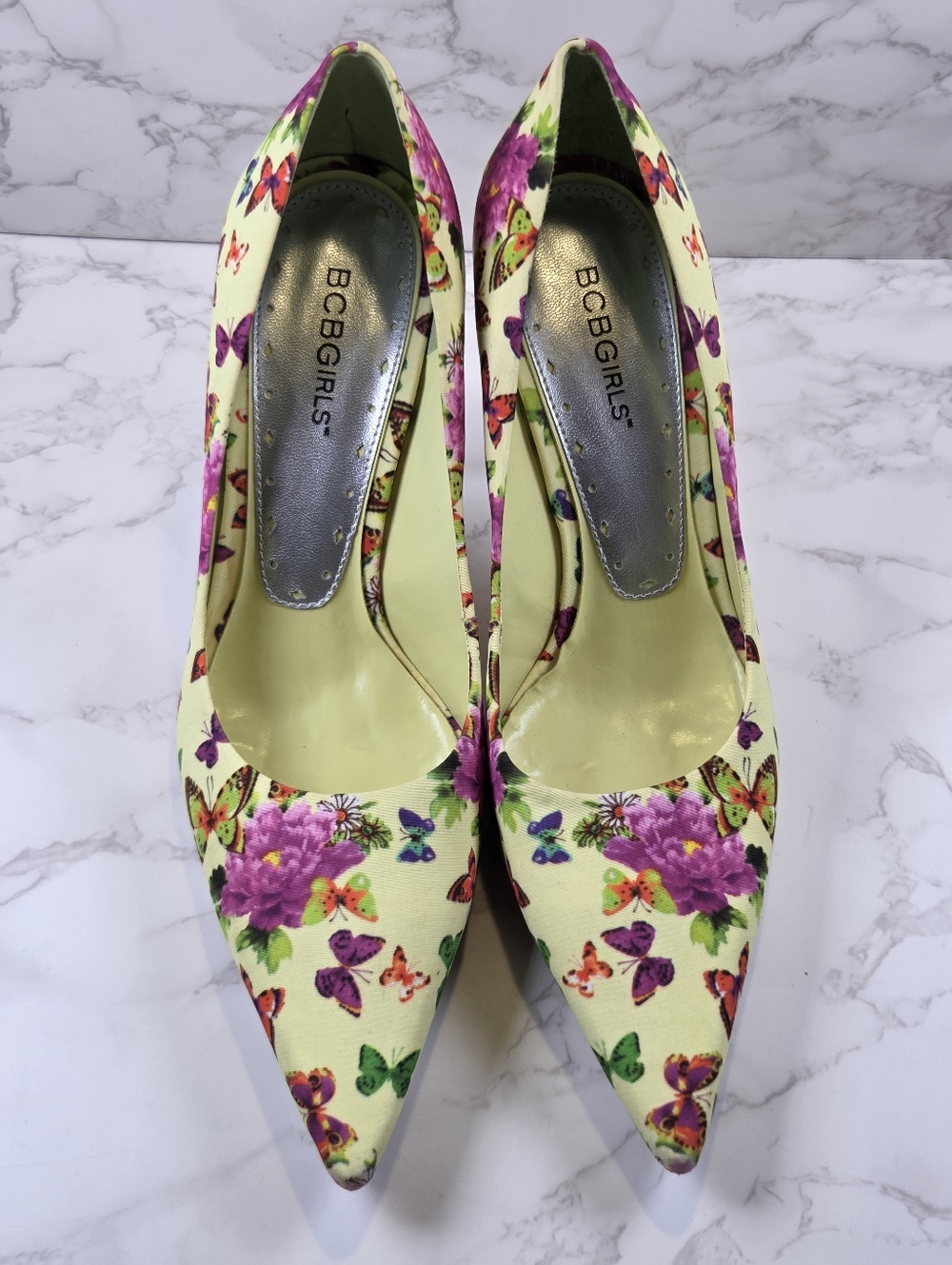 BCBGeneration Yellow Floral Butterfly Pointed-Toe Stiletto Heels(B6) - Picture 3 of 7
